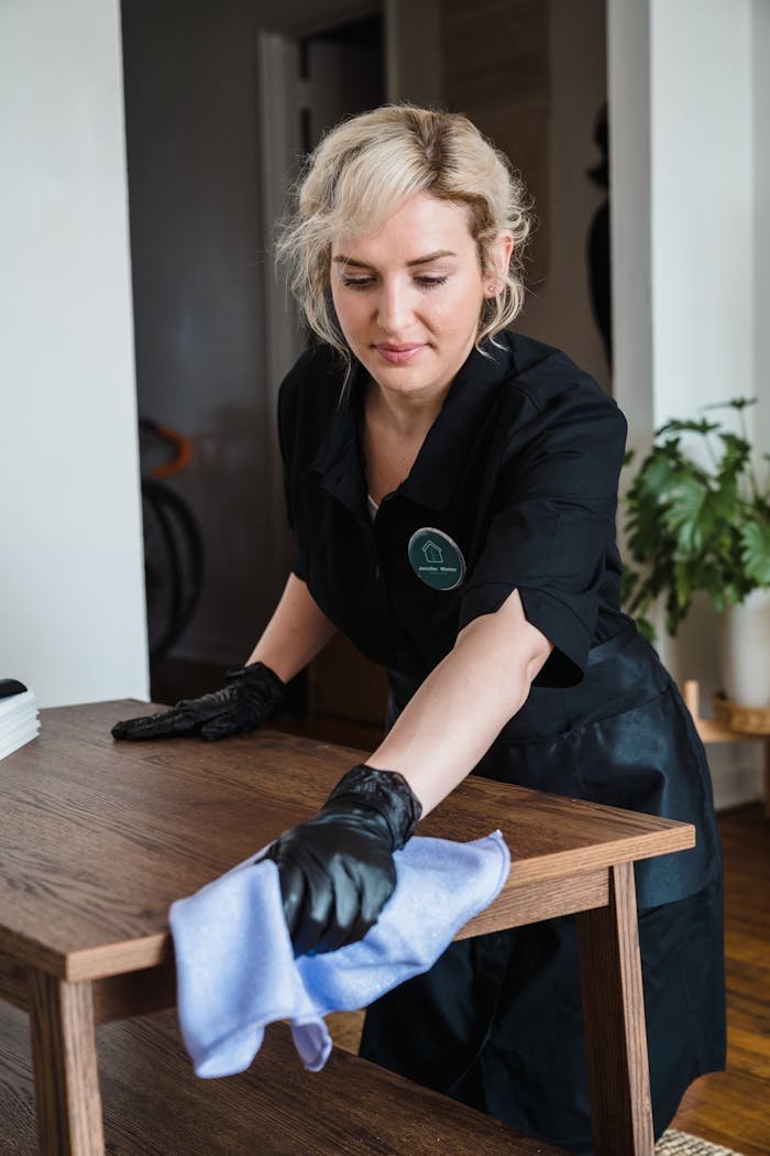 A housekeeper in uniform cleans a wooden table with a cloth, promoting cleanliness and care.